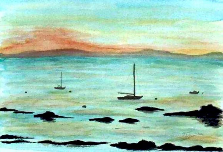 Fonds d'cran Art - Peinture Marine et port de pche Soleil bleu