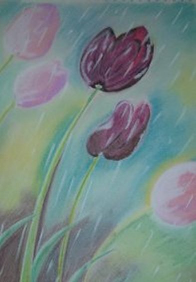 Fonds d'cran Art - Crayon Fleurs - Feuilles - Fruits tulipes sous la pluie