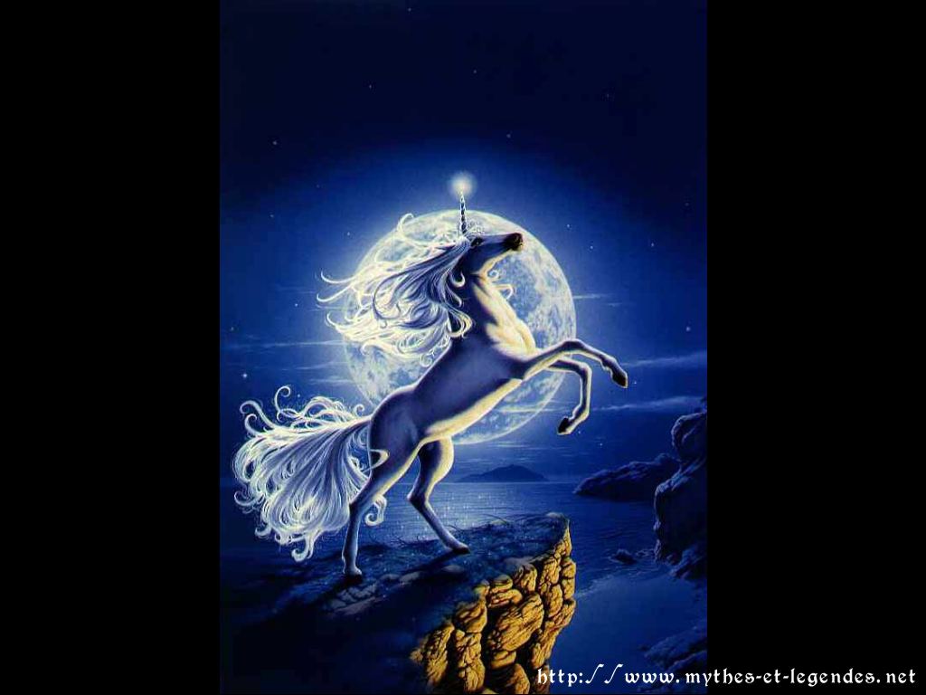 Wallpapers Fantasy and Science Fiction Creatures : Unicorns - Pegasus Licorne cabre  la Lune