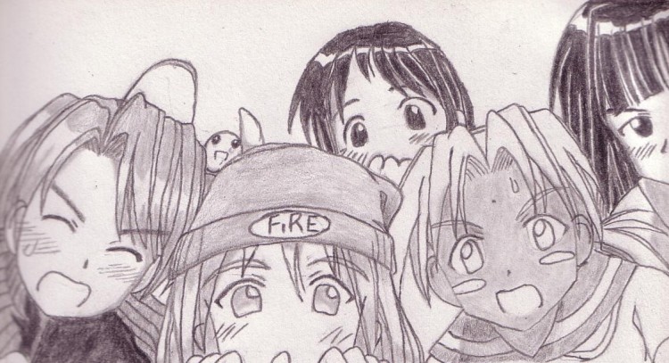 Fonds d'cran Art - Crayon Manga - Love Hina Kitsune,Sarah,Shinobu,Su,Motoko