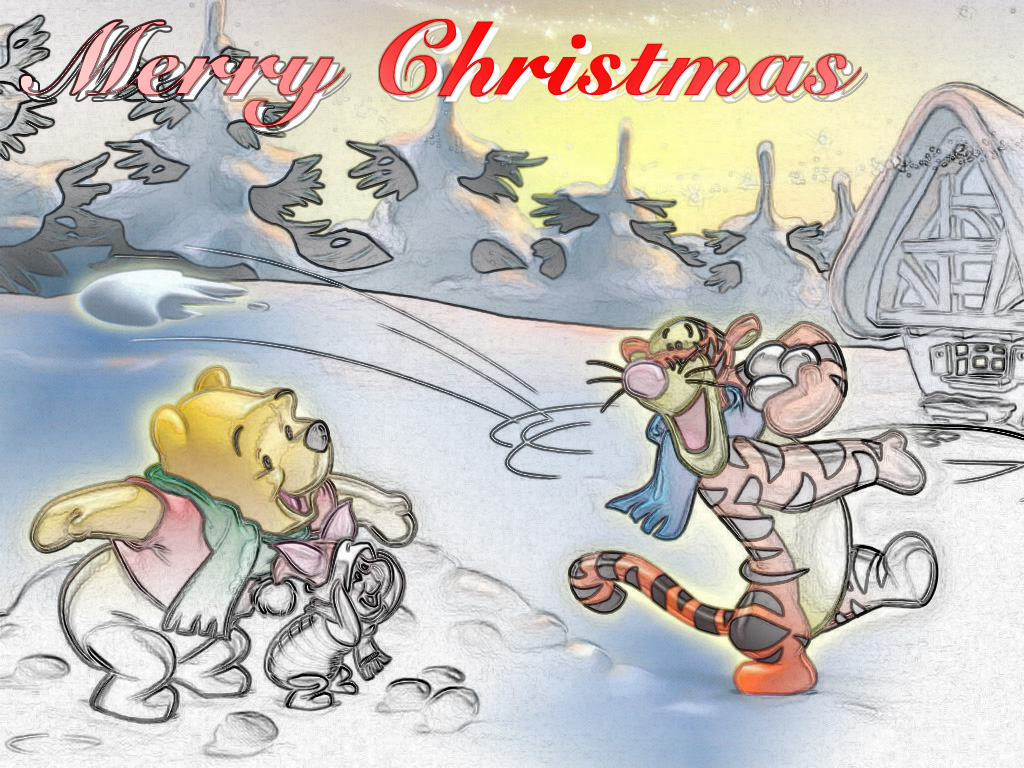 Fonds d'cran Dessins Anims Winnie l'Ourson Winnie, Tigrou et Porcinet - Merry Christmas