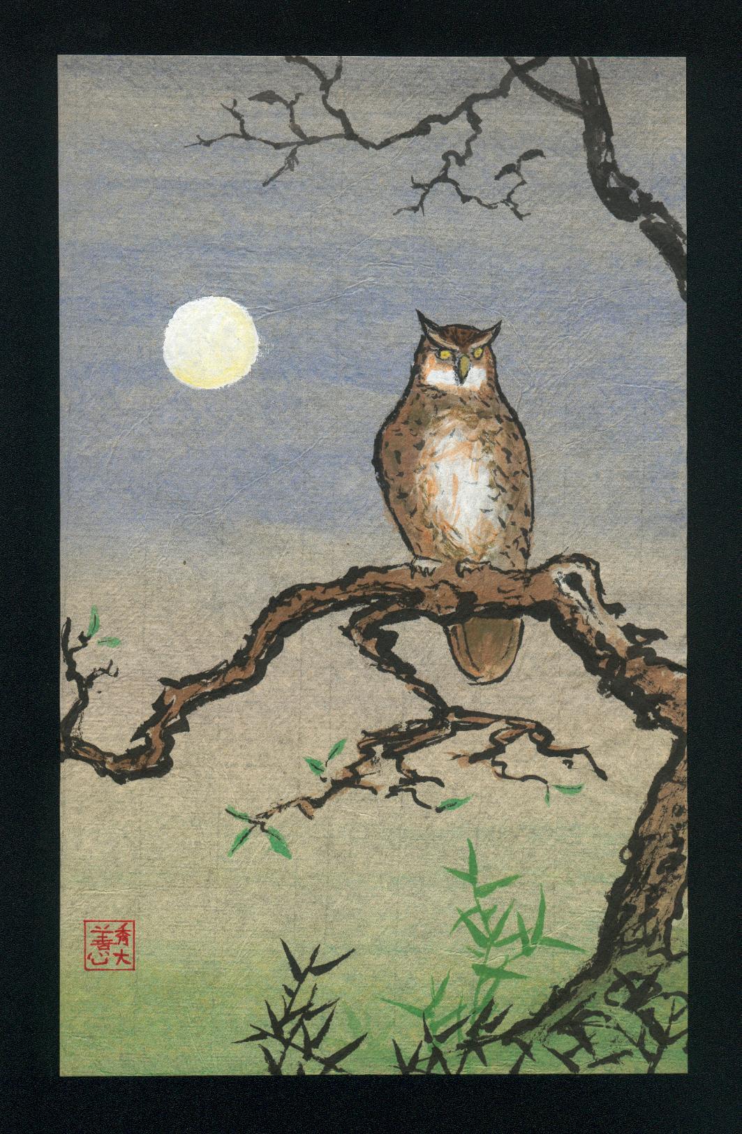 Wallpapers Art - Painting Animals hibou et pleine lune