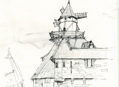 Wallpapers Art - Pencil petie moulin sur grand chateau