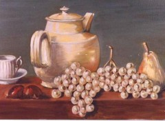 Fonds d'cran Art - Peinture nature morte pot et raisins