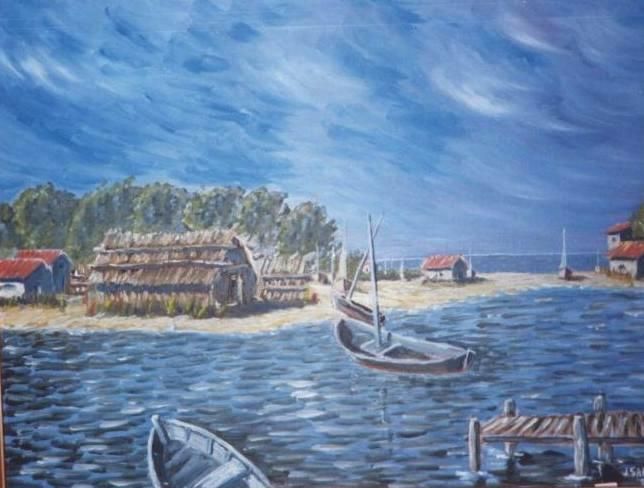 Fonds d'cran Art - Peinture Marine et port de pche Paillotes et barques