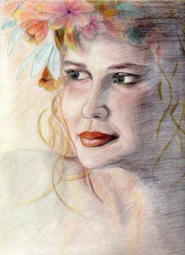 Fonds d'cran Art - Crayon Portraits jeune fille aux fleurs