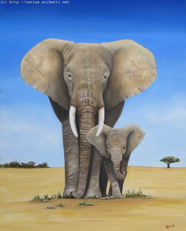 Wallpapers Art - Painting Animals Elphant et son petit