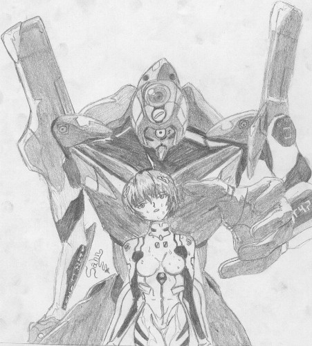 Wallpapers Art - Pencil Manga - Evangelion Rei & EVA 00