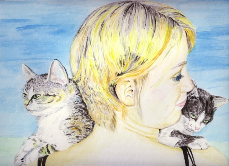 Fonds d'cran Art - Peinture Scnes de vie Jeune femme aux chats