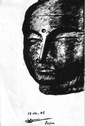 Fonds d'cran Art - Peinture Lavis encre de chine tte du Bouddha gant de Nara (Yakushi Nyorai)