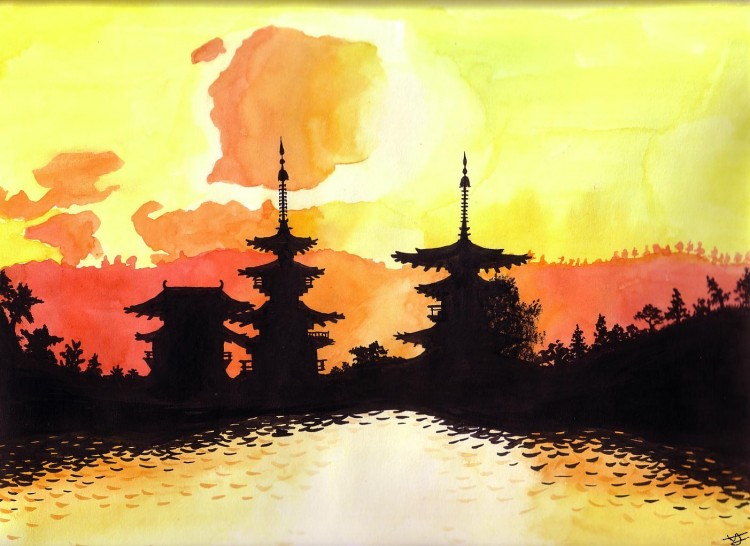 Wallpapers Art - Painting Landscapes - Misc coucher de soleil sur les monuments de Nara