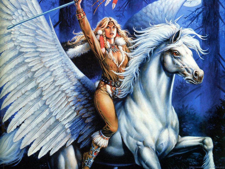 Wallpapers Fantasy and Science Fiction Creatures : Unicorns - Pegasus Cheval  ail  et  sa  cavalire