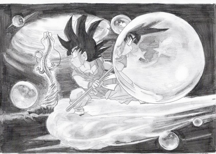 a very detailed pencil drawing of dragon ball z manga