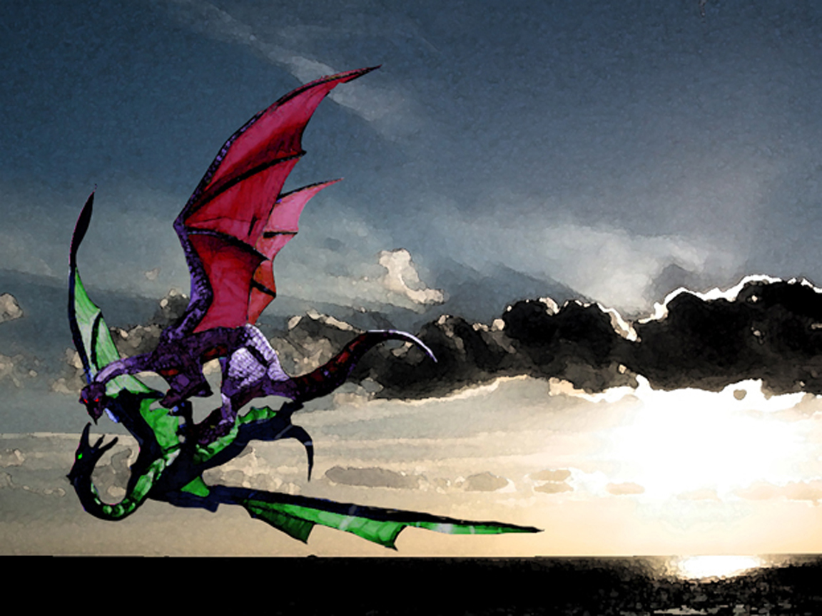 Wallpapers Fantasy and Science Fiction Creatures : Dragons dragons au coucher du soleil