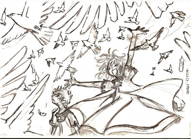 Fonds d'cran Art - Crayon Manga - Tsubasa chronicle Shaolan et Sakura prs des oiseaux