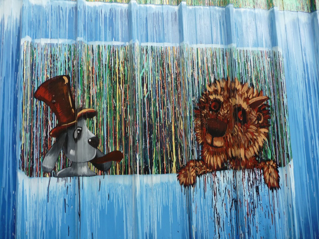 Fonds d'cran Art - Peinture Personnages un chien et un lion discutaient dans le mtro