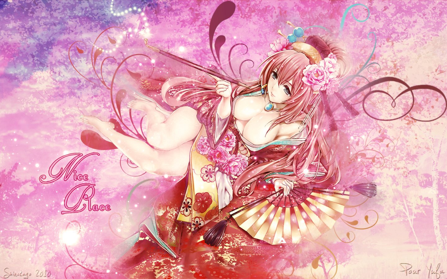 Fonds d'cran Manga Vocalods vocaloid megurine luka cerisiers spirales ventail ecchi paillettes rose kimono yukata