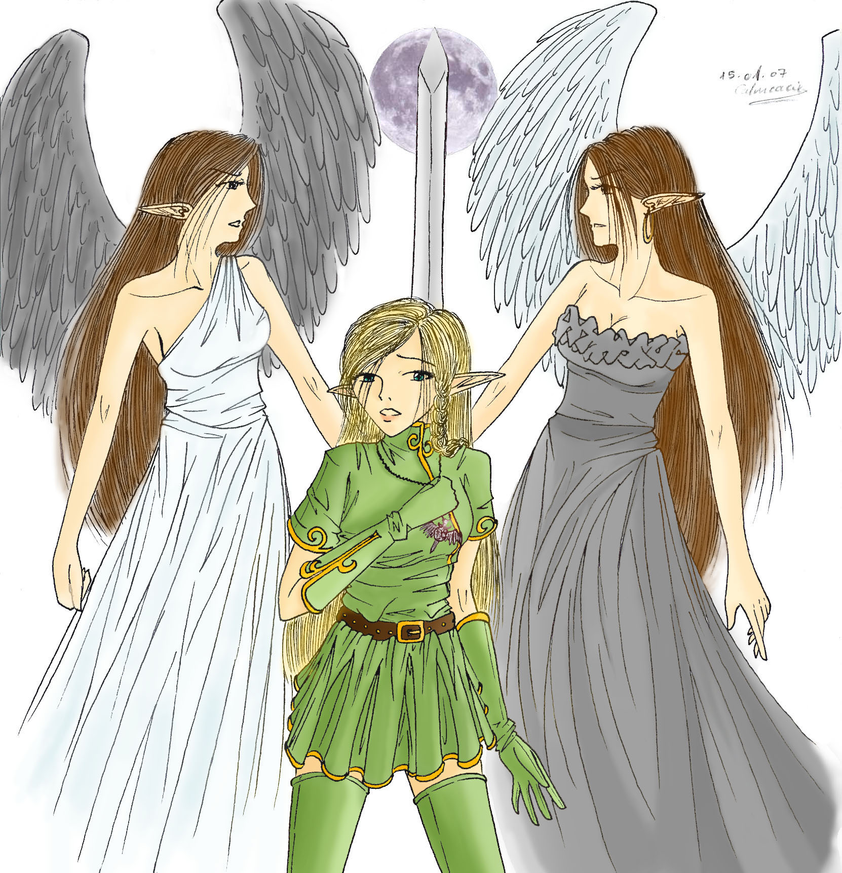 Wallpapers Art - Pencil Fantasy - Angels Aryn, Azeelen et Calmcacil