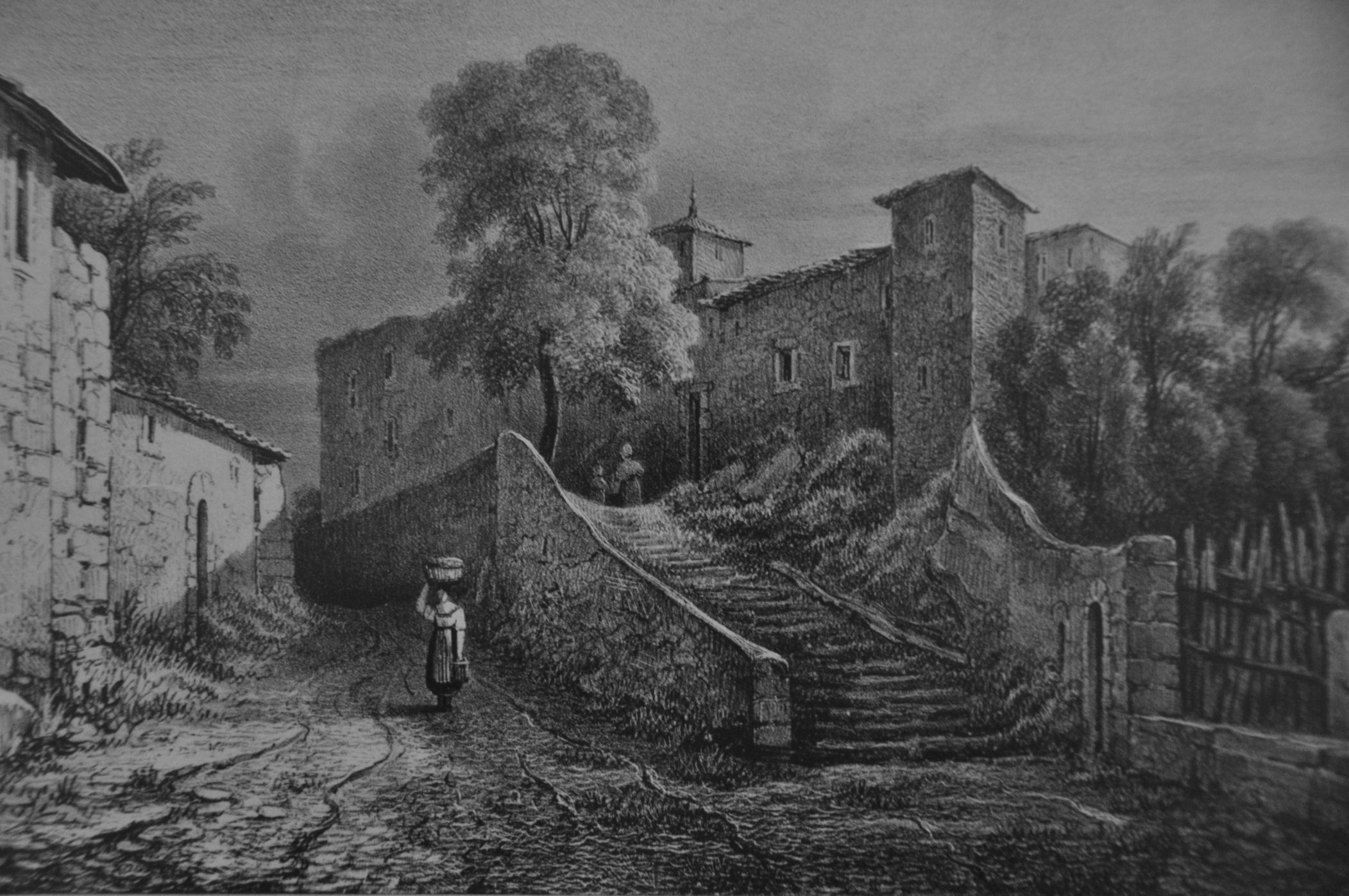 Fonds d'cran Art - Peinture Scnes de vie Isidore Dagnan ( 1794-1873 ), Ile Barbe Maison dit de Charlemagne. lithographie 1830