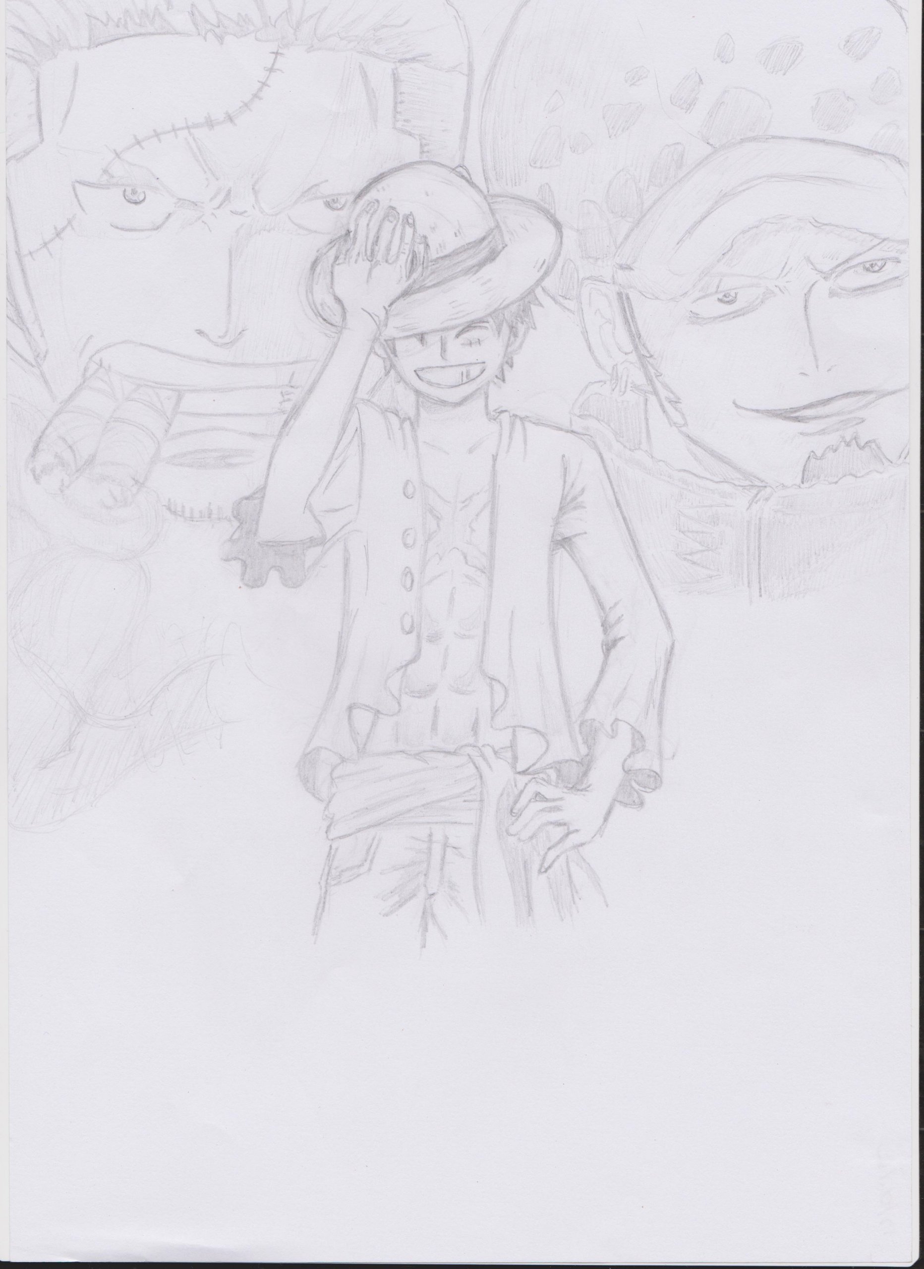 Wallpapers Art - Pencil Manga - One piece Le capitaine corsaire : Trafalgar Law, le contre amirale : Smoker et le future roi des pirates : Luffy