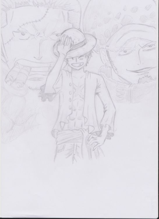 Fonds d'cran Art - Crayon Manga - One piece Le capitaine corsaire : Trafalgar Law, le contre amirale : Smoker et le future roi des pirates : Luffy