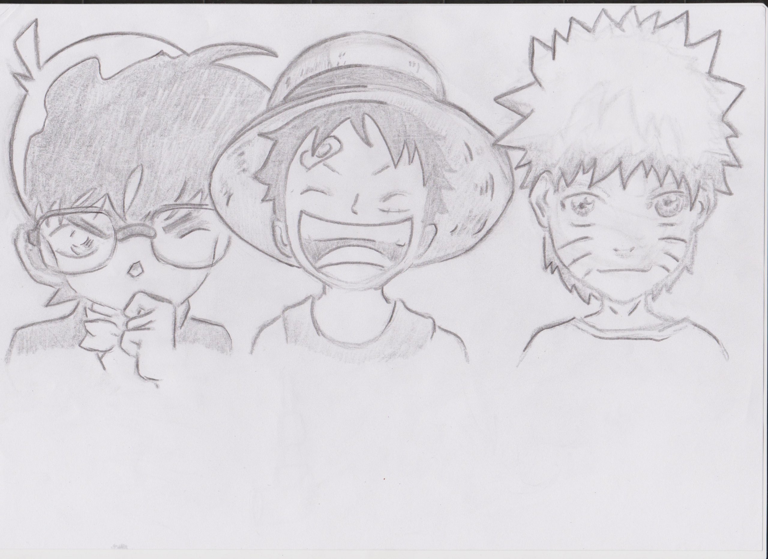 Wallpapers Art - Pencil Manga - Naruto Conan Edogawa + Monkey D Luffy + Uzumaki Naruto