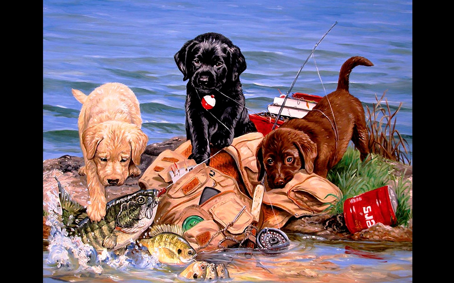 Fonds d'cran Art - Peinture Animaux Chiens pcheurs.