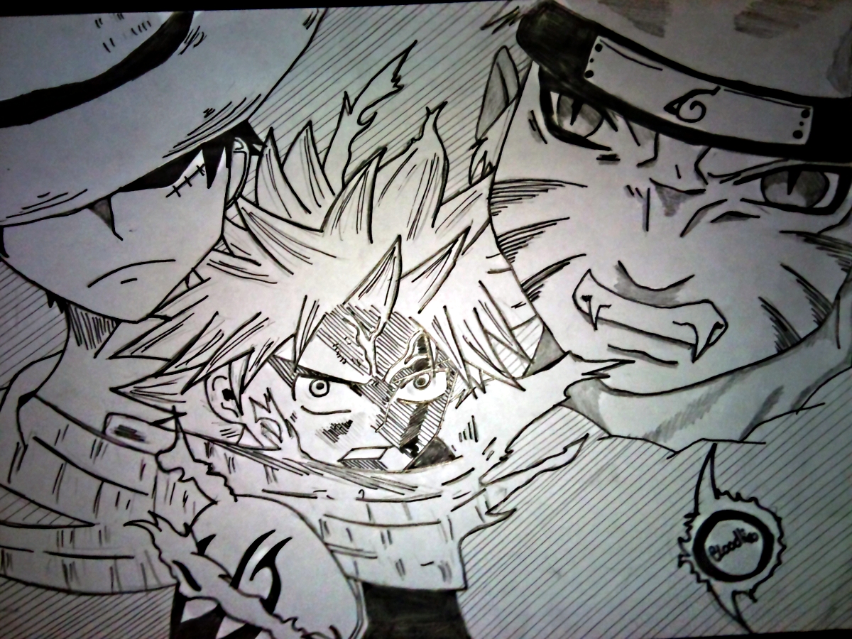 Wallpapers Art - Pencil Manga - Naruto Natsu , Naruto et Luffy .