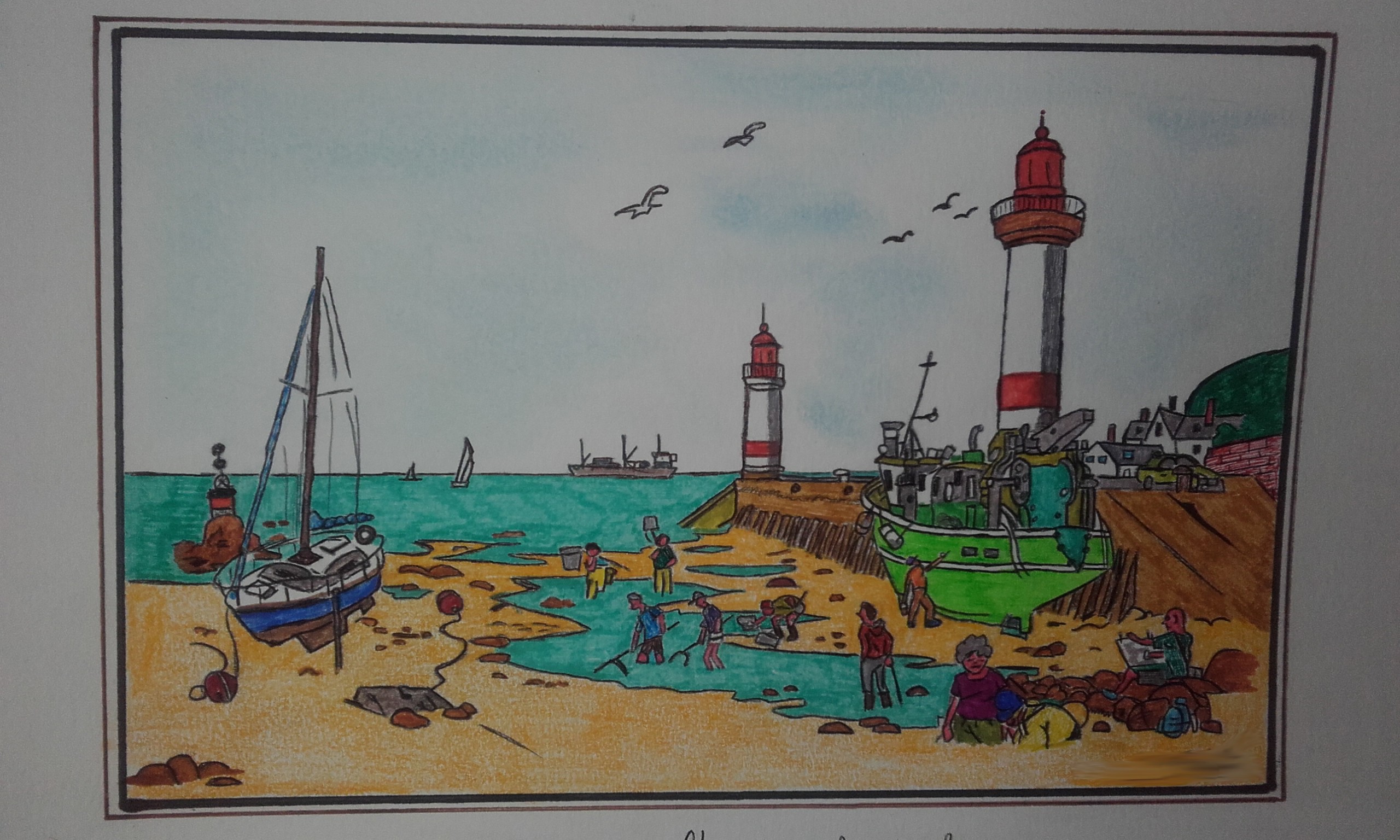 Fonds d'cran Art - Crayon Marine et port de pche 