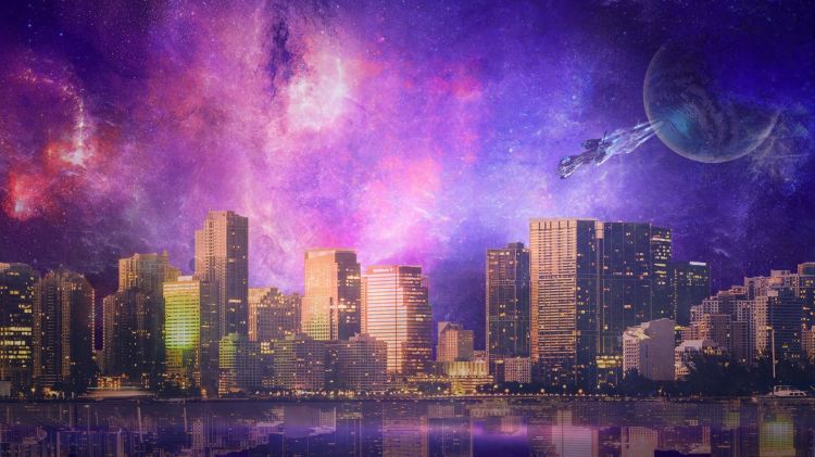 Wallpapers Digital Art Space - Universe Ville sous une galaxie