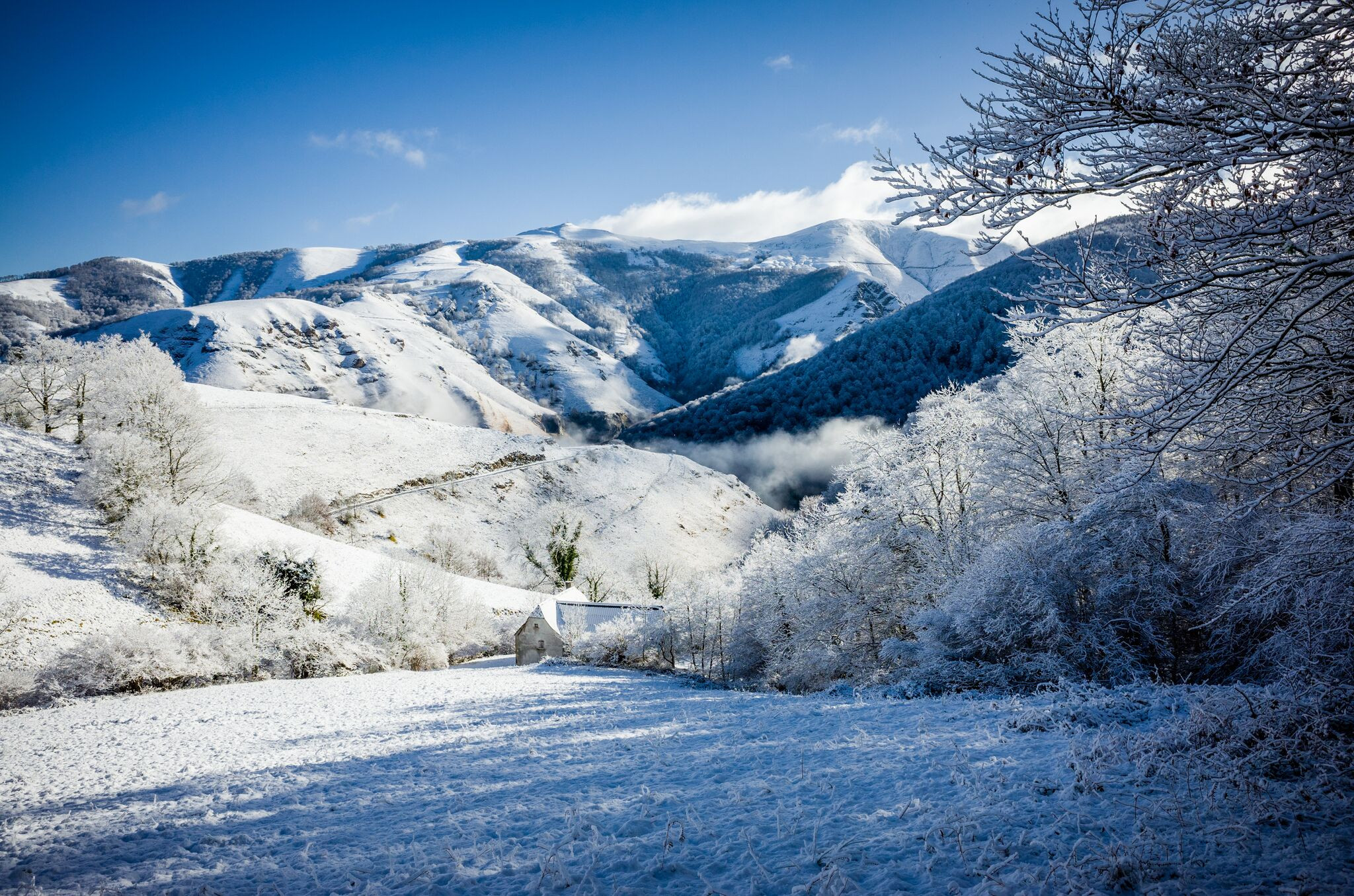 Fonds d'cran Nature Montagnes Paysage de neige dans les Pyrnes, Larrau - passerelle d'Holzart par le pont de Namubie