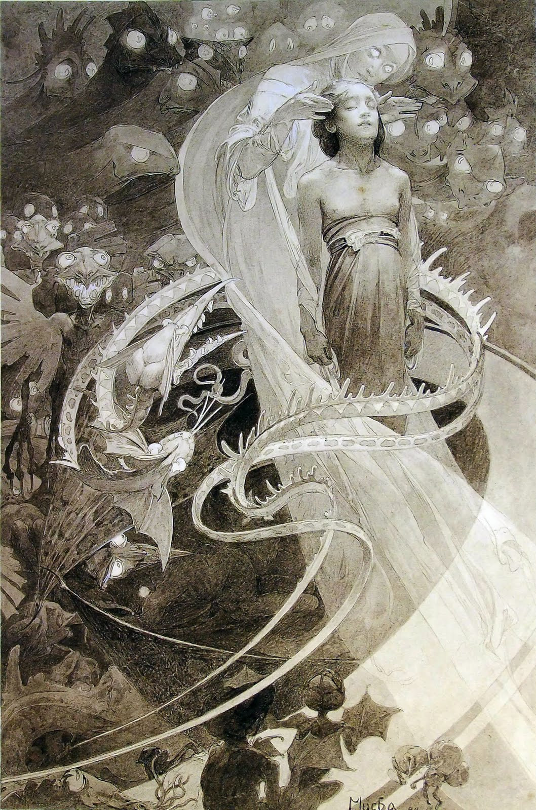 Wallpapers Art - Painting Fantasy Septime page allgorique du Pater ''et ne nous soumet pas  la tentation, mais dlivre-nous du mal'' - 1899 - Alfons Mucha