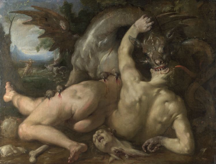 Fonds d'cran Art - Peinture Divers Deux suiveurs de Cadmus dvors par un dragon - 1588 - Cornelis van Haarlem