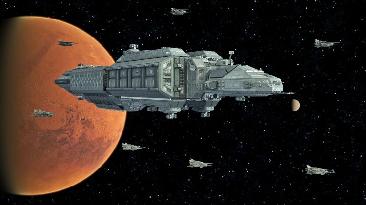 Wallpapers Fantasy and Science Fiction Spaceships Le vaisseau cargo "Antares" et son escorte quittant Mars pour rejoindre la Terre